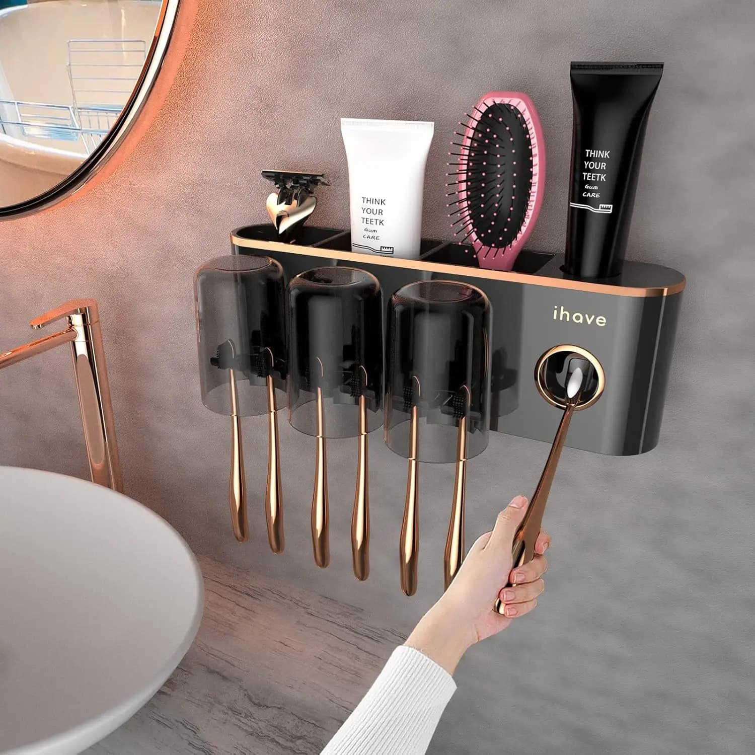 Portaspazzolini da Parete con Dispenser di Dentifricio e 3 Bicchieri, Accessori per Arredo Bagno