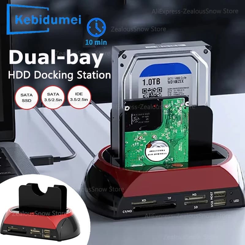 Stazione per disco rigido a doppia slot USB3.0 a HDD SSD SATA da 2,5/3,5 pollici con lettore HUB SD TF Adattatore per custodia IDE USB 2.0 Spina UE