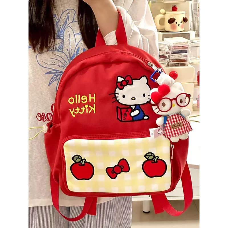 Zaino da donna Sanrio Hello Kitty con stampa a quadri e mele, stile casual per uso quotidiano