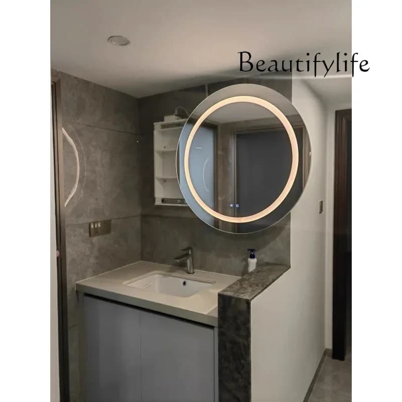 R Armadietto da bagno intelligente con lampada che disappannante Specchio da toilette a parete per bagno con luce rotonda di lusso