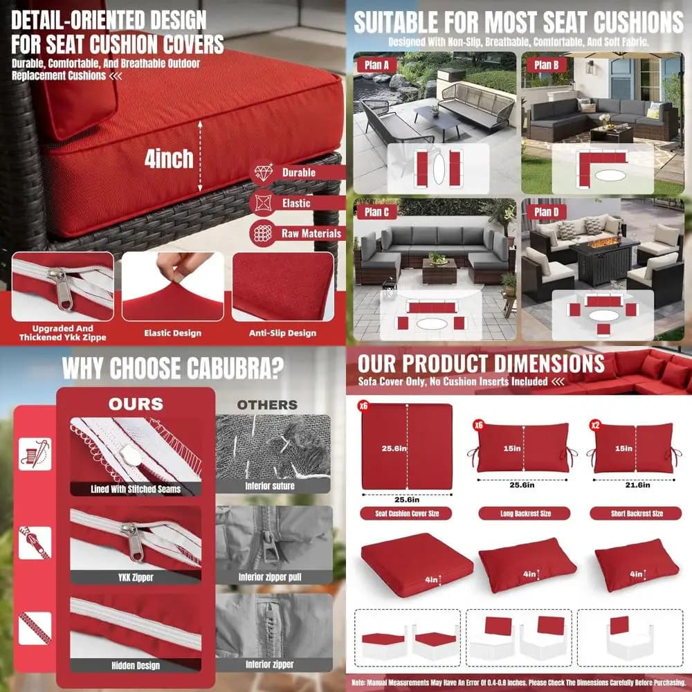 Set di 14 Copricuscini per Mobili da Esterno - Impermeabili e Resistenti ai Raggi UV, per Divani Componibili e Sedie in Vimini, 3 Misure, Rosso
