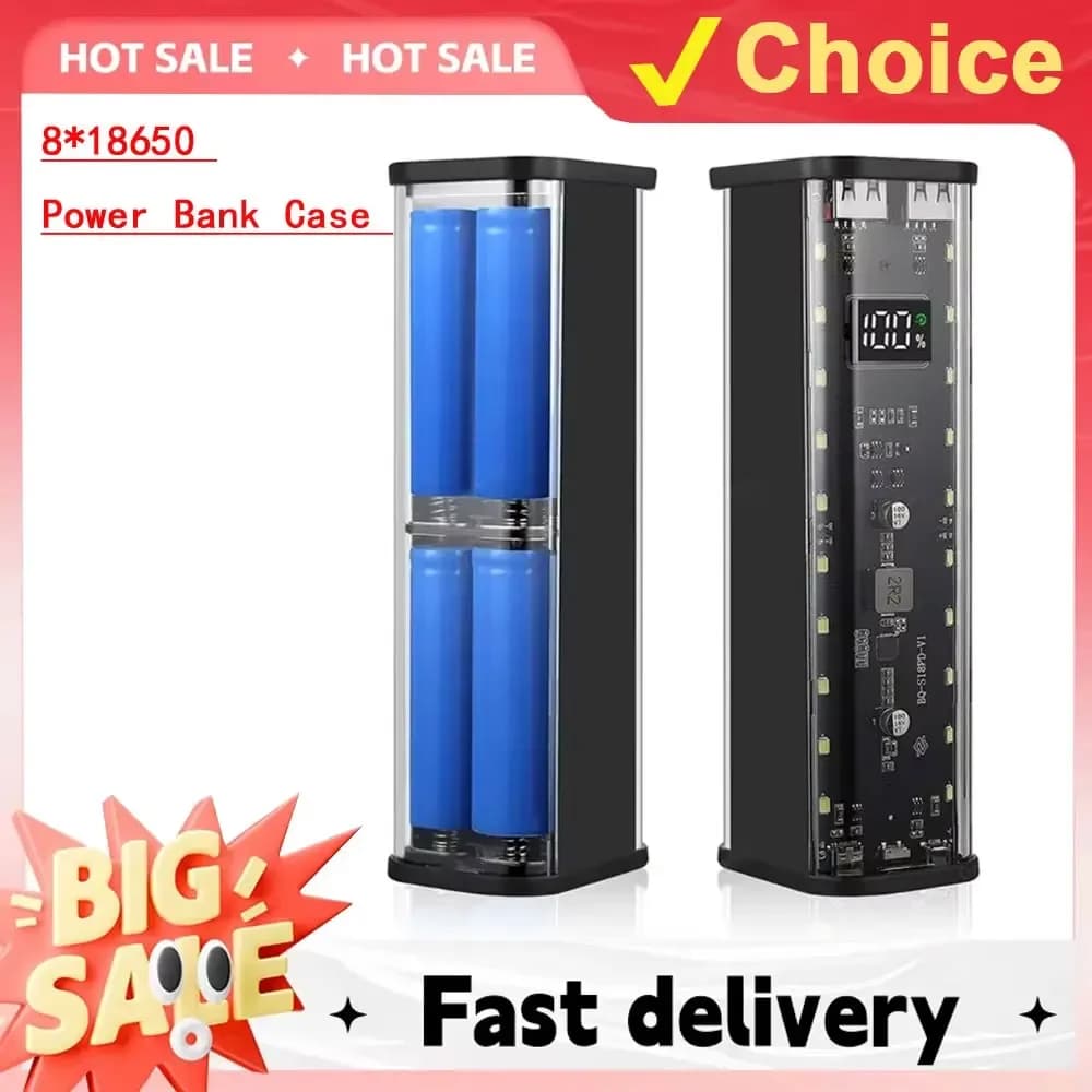 Transparent Case for Power Bank Shell 8*18650 22.5 W Quick Charging LED USB C + Micro USB port Battery Storage Box for iPhone Samsung