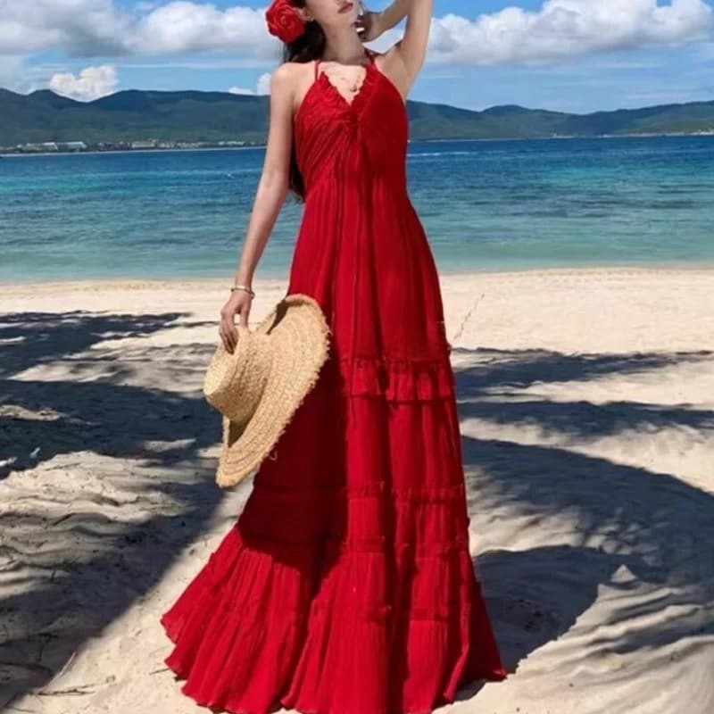 Beautiful White Fairy Neck Hanging Beach Dress Sanya Holiday Island Style Long Skirt Summer Season Women's Polyester Fiber