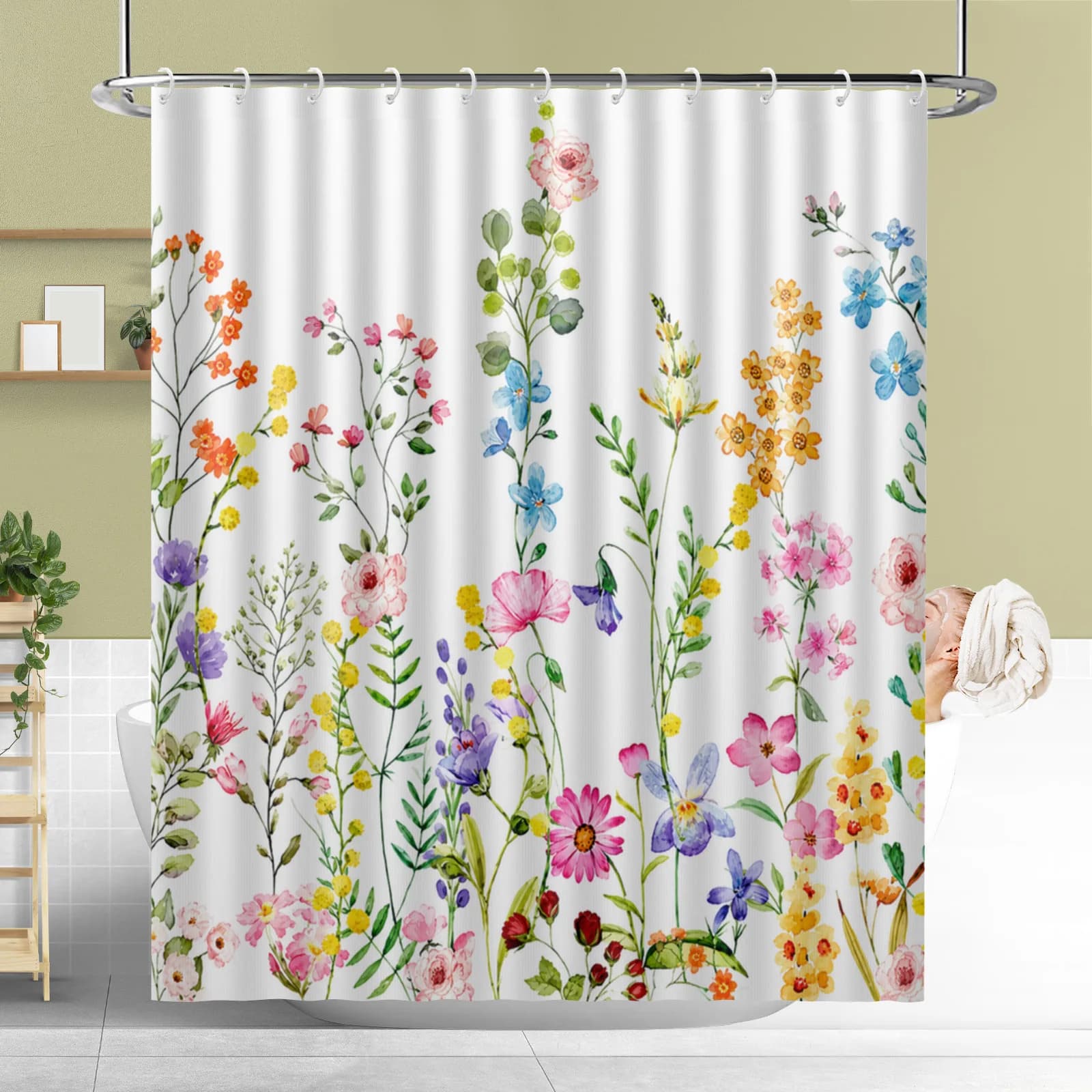 Watercolor Pink Flowers Shower Curtain with Hooks Waterproof Polyester Fabric Bathroom Modern Minimalist Curtains for Bath Room