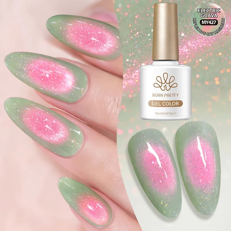 BORN PRETTY 10ml Smalto Gel Magnetico Verde Guava Rosa Glitterato Ultra Brillante Semi-Permanente UV per Nail Art