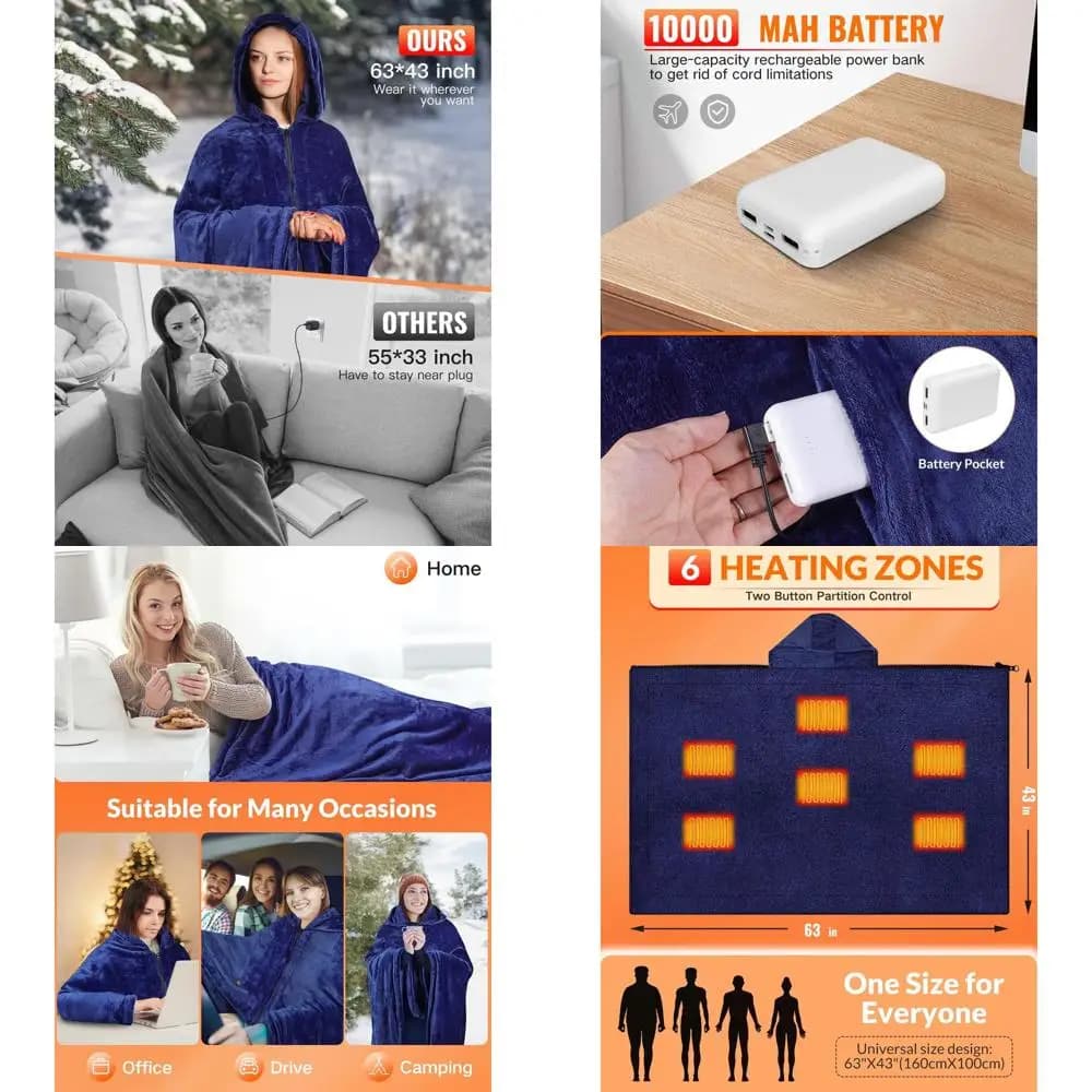Coperta Riscaldata Portatile Senza Fili con Cappuccio, 3 Impostazioni di Temperatura, Batteria da 10000mAh, Ideale per Esterni, Campeggio, Ufficio (Nav
