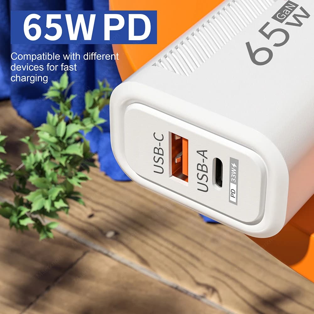 Caricatore Rapido GaN 65W PD QC3.0 con Doppia Porta USB, Adattatore da Muro EU/US Compatibile con iPhone Samsung Xiaomi Tablet, Caricatore da Viaggio