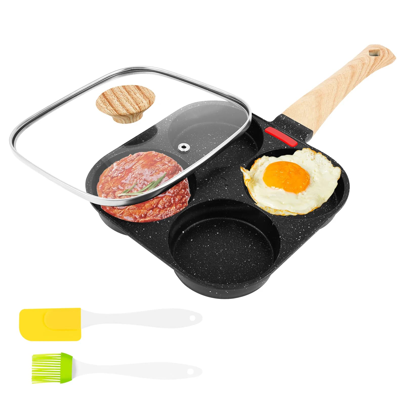 Padella per uova da 4 tazze Padella per frittata antiscivolo con spazzola per olio e coperchio Padella per pancake per fornello a gas Pentole a induzione