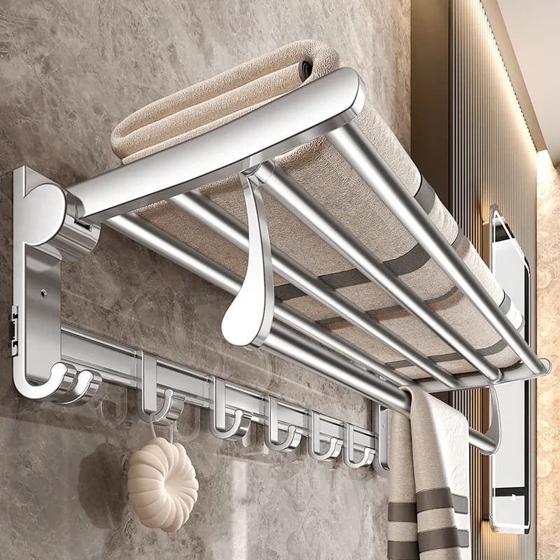 No Drill Aluminum Bathroom Towel Rack Foldable Wall Mounted Double Bar Organizer Hooks Towels In Compact Washrooms
