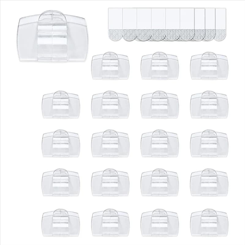 Indoor Large Clear Cord Clips Featuring Adhesive Strips, 40 Clips+ 48 Strips, Damage-Free Wall Hook Mounting System