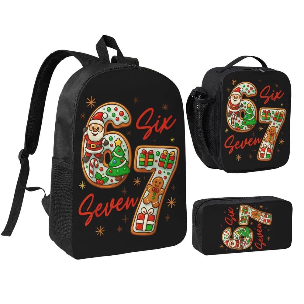 3pecs/set Santa Says 67 Meme 6 7 Christmas Six Seven Backpack for Teenage High School Shoulder Bag Lunch bag Pencil Case