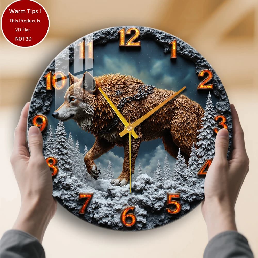 Wall clock in tempered glass Wolf in snowy forest with chains suitable for wall decorations or table displays everywhere
