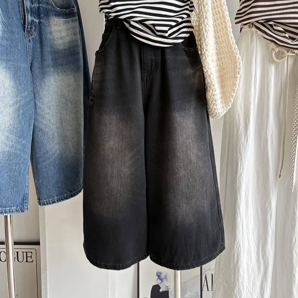 American Style Vintage Black Grey Denim Shorts Women's Loose Fit Summer New Casual High Waist Wide Leg Pants