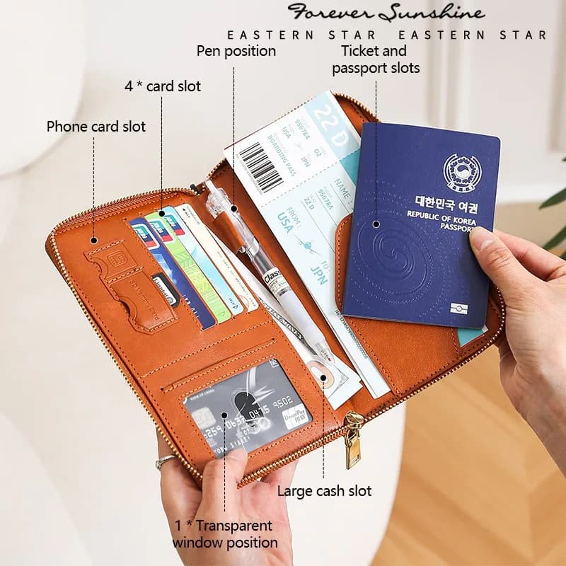 Portafoglio con blocco RFID Borsa per passaporto da viaggio con cerniera lunga Porta documenti portatile alla moda per uomo e donna Billetera Hombre