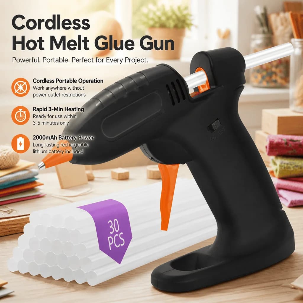 Cordless Glue Gun Rechargeable Wireless Portable Hot Glue Gun 2000mAh Lithium Battery 3-Min Rapid Heating Professional DIY Crafts Home Repair Tool Multi-Surface Adhesive Ergonomic Lightweight Hobbyists School Projects