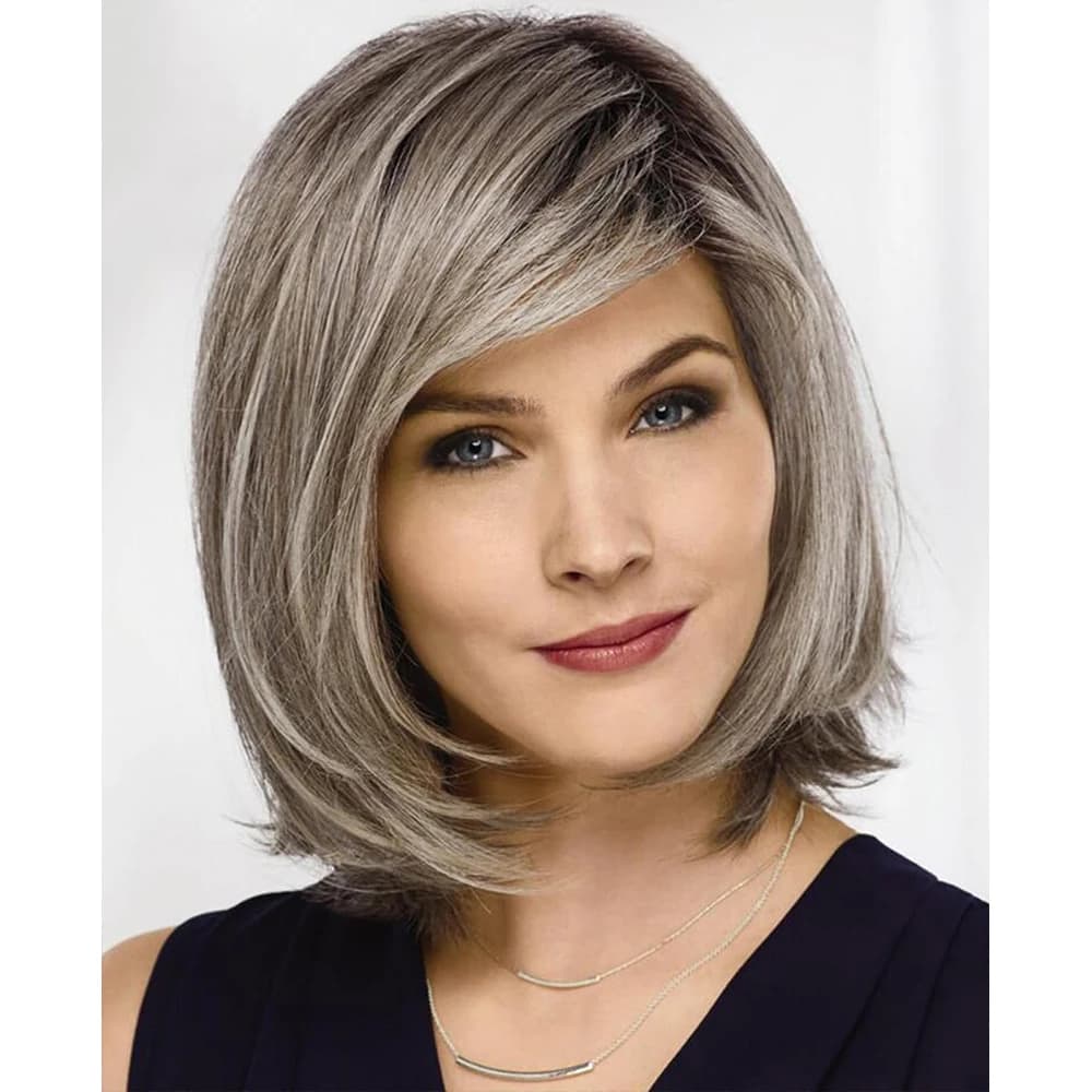 HAIRJOY Synthetic Hair Wig Short Ombre Grey Wigs for Women Straight Layered Gray Bob Wig