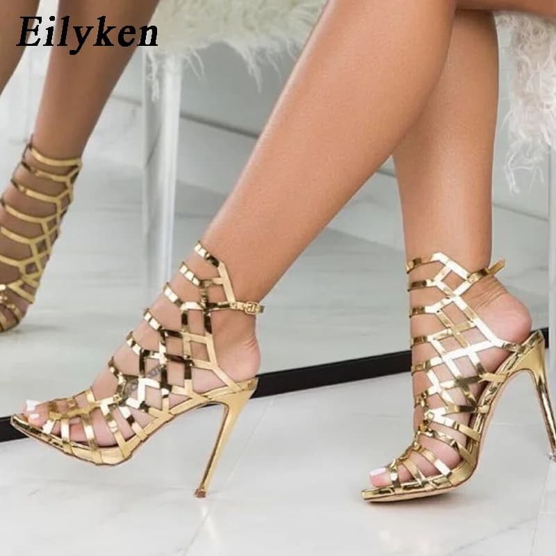 Eilyken Design dorato Open Toe tacchi sottili sandali da donna Designer cinturino con fibbia a fascia stretta gladiatore scarpe da donna Zapatos Mujer