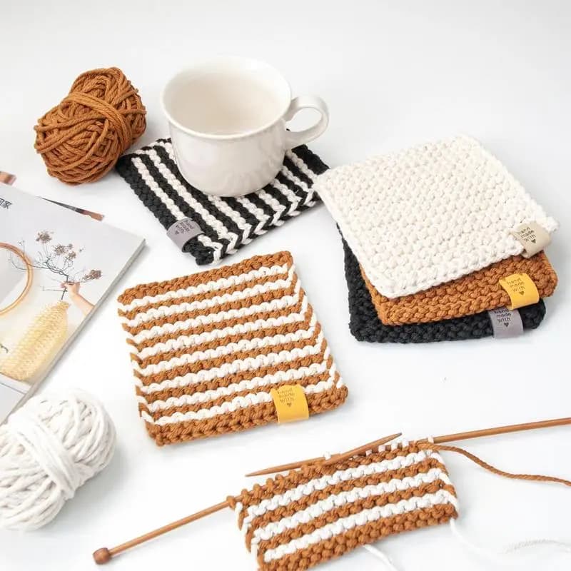 Kit per maglieria sottobicchiere fai da te con ago filato per maglieria in corda di cotone per principianti Set di forniture per maglieria di base in legno di cotone