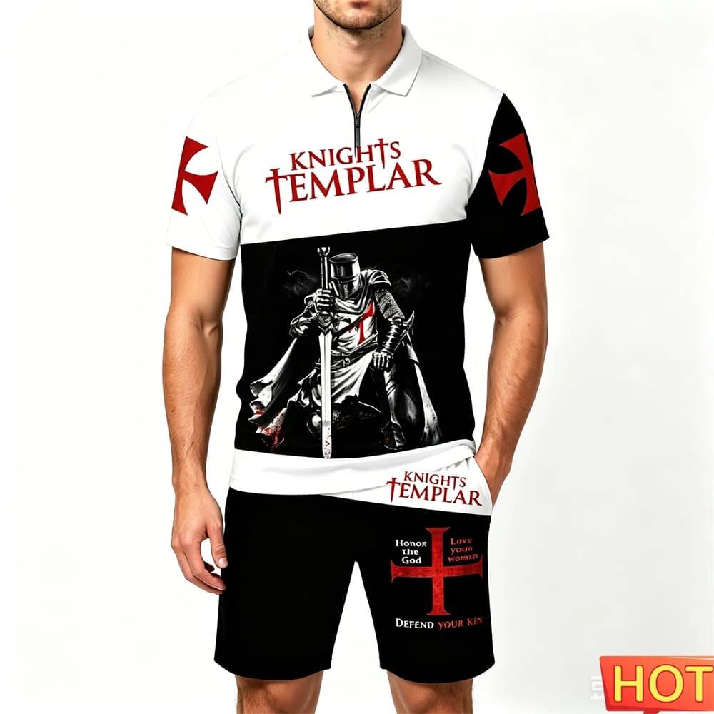 Summer Men's Sets Crusader Knights Print Zip Polo Shirt and Shorts 2 Piece Street Hip Hop Men's Outfit Casual Short Sleeve Suit