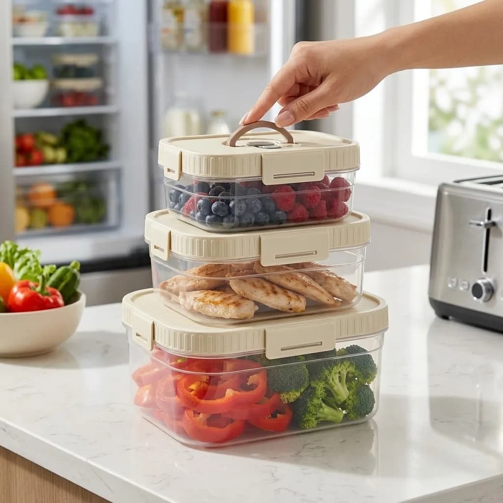Stackable Food Storage Container With Handle Sealed Leak-proof Clear Plastic Fresh-keeping Box Refrigerator Preservation Box