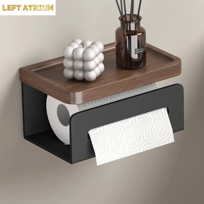 Toilet Roll Paper Holder Wall-mounted Tissue Holder Walnut Metal Paper Holders Home Napkin Holders Wall Shelf Tissue Organizer