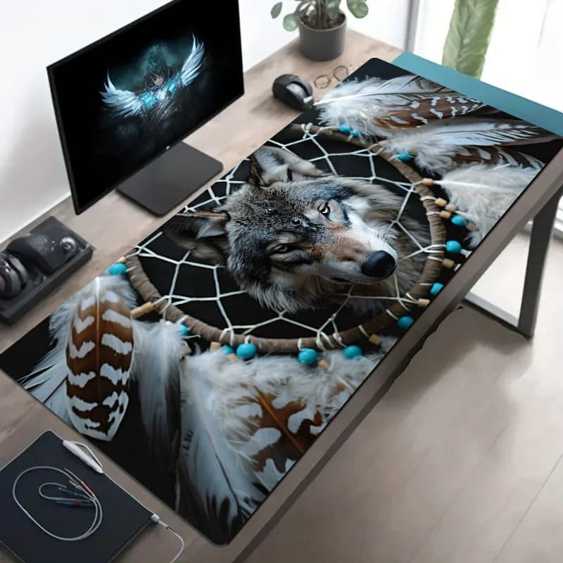 Extra Large Dreamcatcher Wolf Face Desk Mat, American Tribal Art Style, Non-Slip Rubber Base Mouse Pad