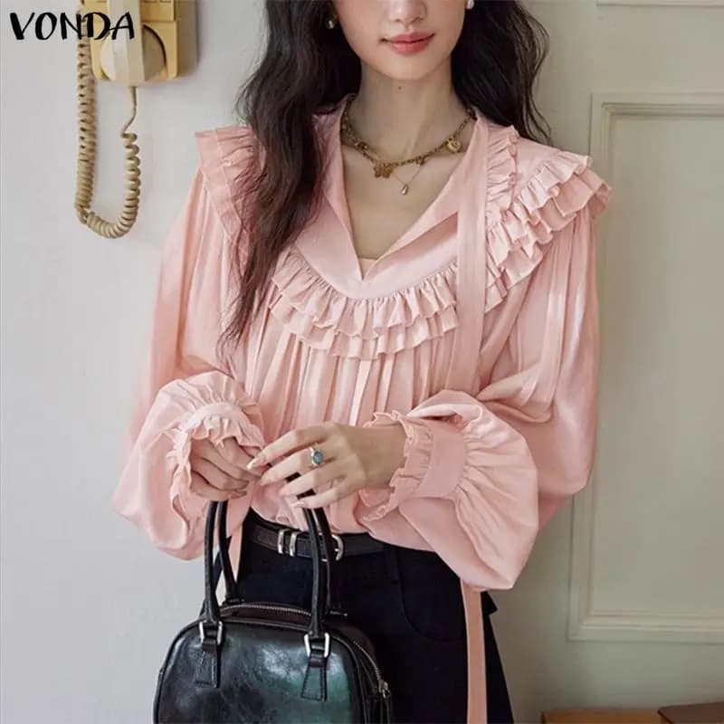 VONDA Camicetta Elegante da Donna con Volant, Maniche Lunghe, Colletto Rialzato, Top Casual 2026, con Laccetti, Tinta Unita, per Ufficio