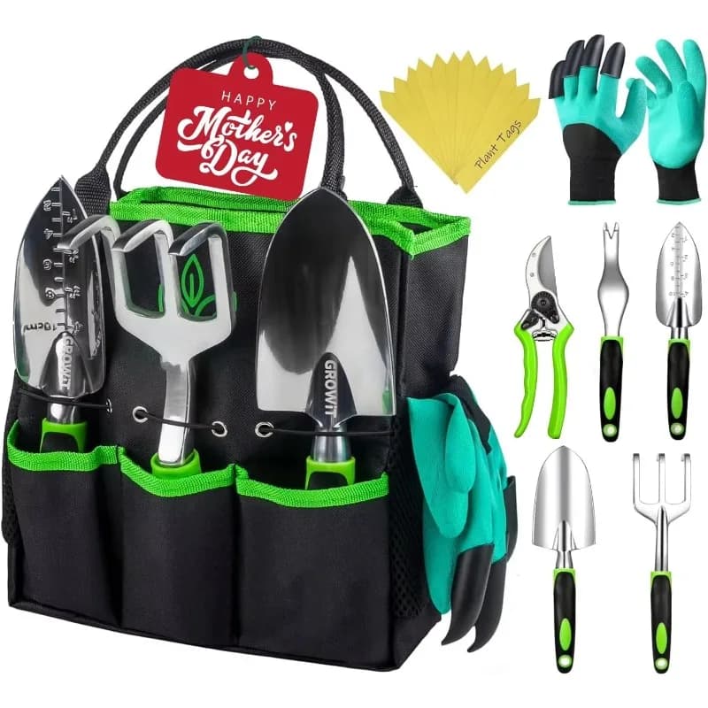 Set of 9 Gardening Tools Ergonomics, Complete Kit with Scissors, Palette, Rake and Bag Gardening and Planting