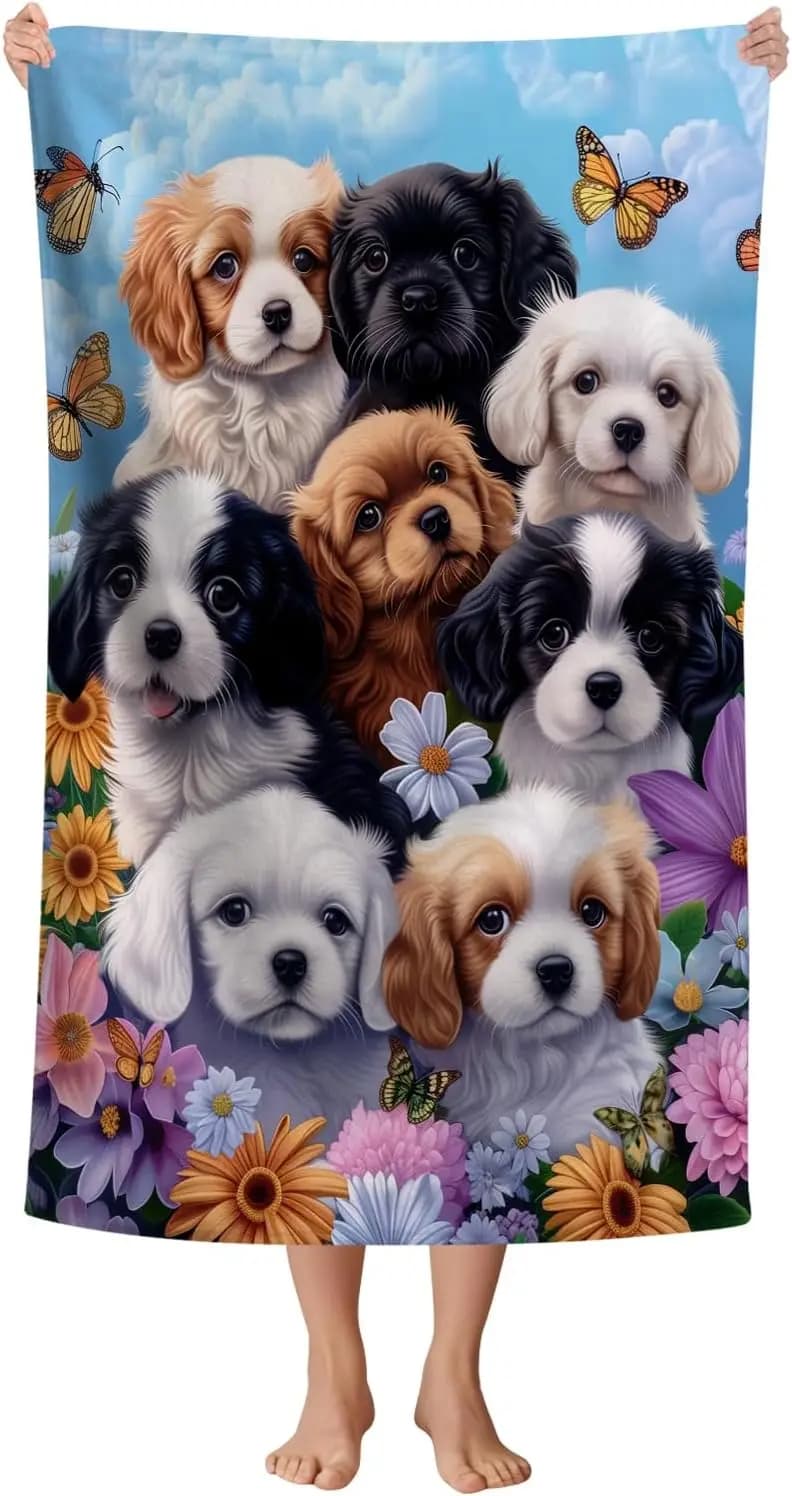 Asciugamano da spiaggia per cani carino, divertente cucciolo di fiori e motivo blu Asciugamano da bagno assorbente ad asciugatura rapida per bambini, adulti e viaggi
