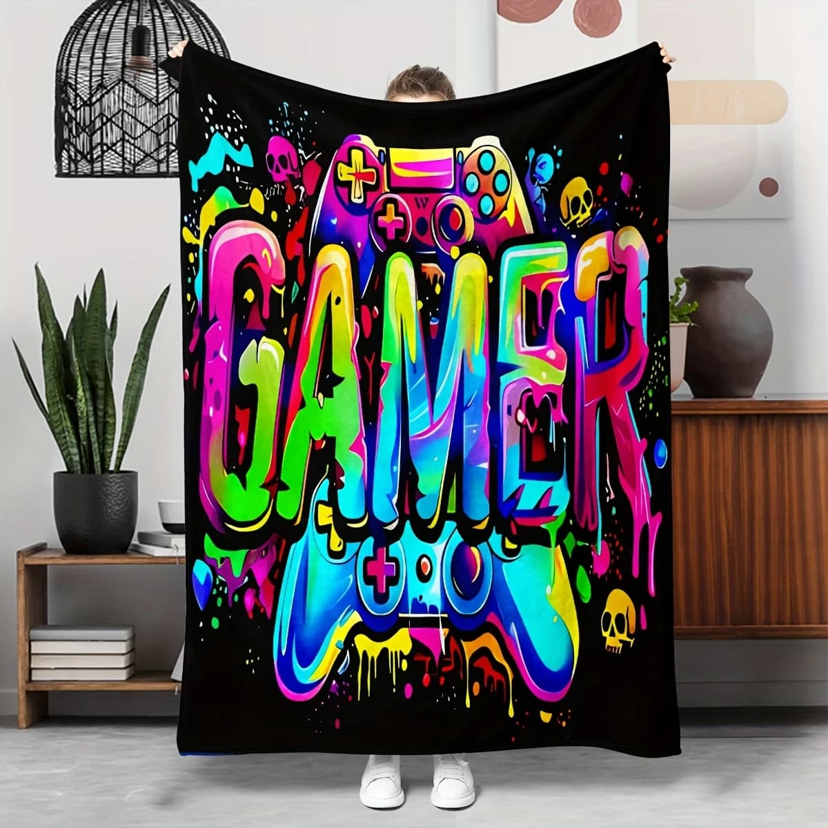 Coperta Oversize per Gamer, Stampa Graffiti con Teschio e Controller, Morbida in Flanella per Campeggio, Viaggi, Casa, Regalo