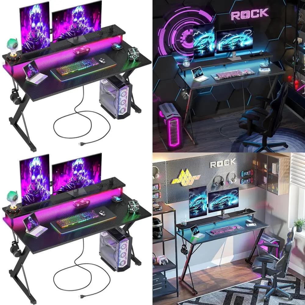40 Scrivania da gioco in fibra di carbonio con LED, prese di corrente, design ergonomico, supporto per monitor e gancio per cuffie