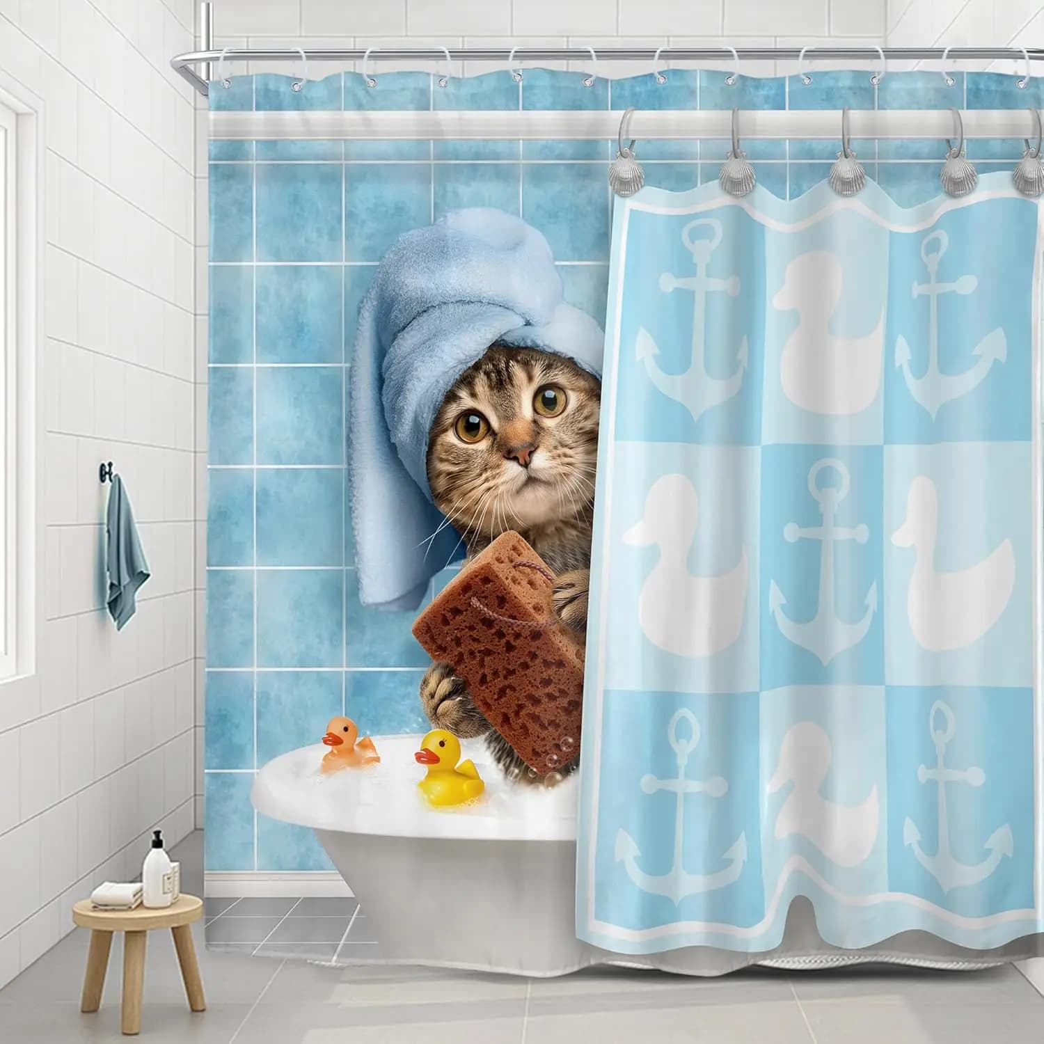 Tenda da Doccia con Gatto Carino che Fa il Bagno, con Asciugamano e Paperella in Gomma, per Decorazione Bagno Bambini