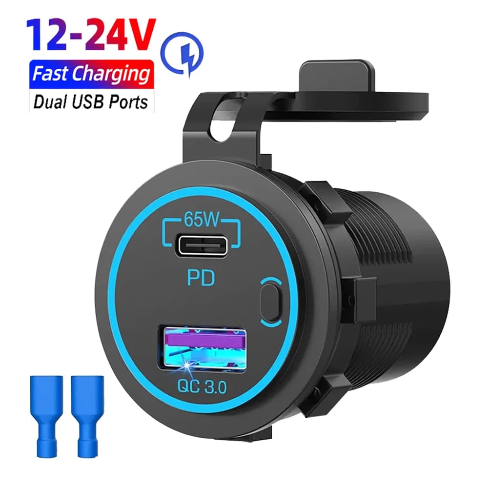 Presa impermeabile per caricabatteria da auto doppio USB 12V PD e QC 3.0 Porta di ricarica rapida Presa di corrente con interruttore di alimentazione per auto camper