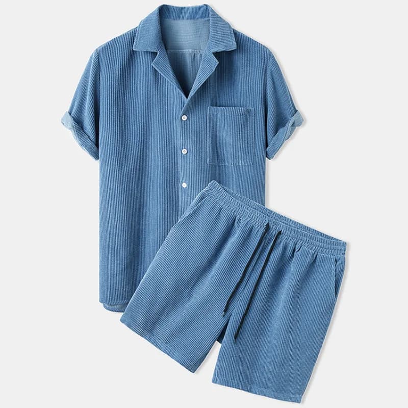 Completo Sportivo Casual da Uomo in Corduroy a Maniche Corte e Pantaloncini, Tinta Unita, Moda Autunnale, 100% Cotone Confortevole