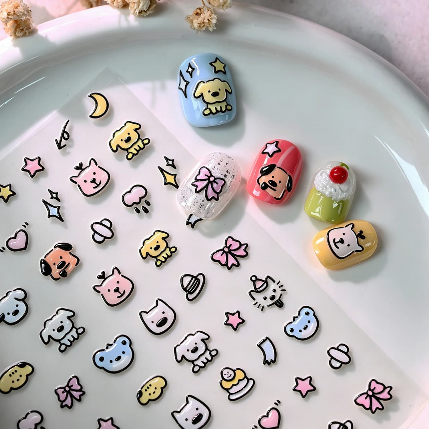 5D Cute Animals Bear Dog Graffiti Nail Art Sticker Cartoon Puppy Star Moon Bowknot Heart Nail Decals DIY Japanese Manicure Decor