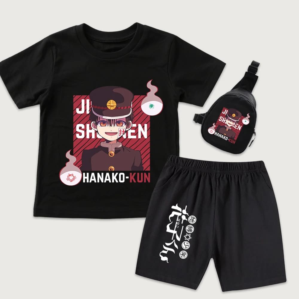 Hanako Kun Anime Print Kids Cotton T Shirt Shorts Mini Chest Bag 3 Piece Set for Boys Girls Summer Casual Outfit