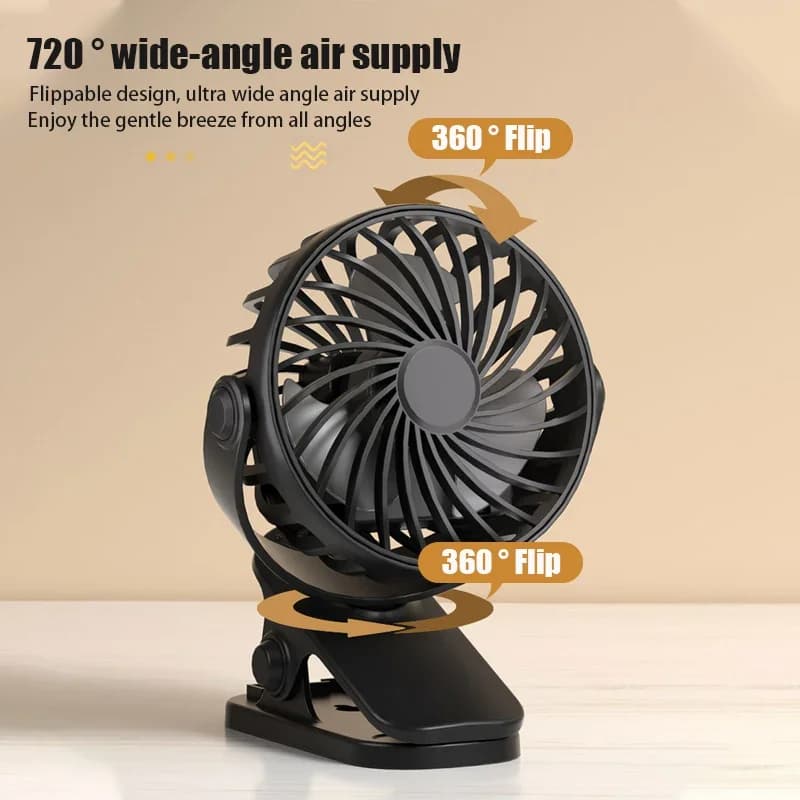 Ventilatore Elettrico Portatile Ricaricabile 720 ° Ventilatore a clip girevole con luce notturna, raffrescatore d'aria, piccolo ventilatore da campeggio per esterni