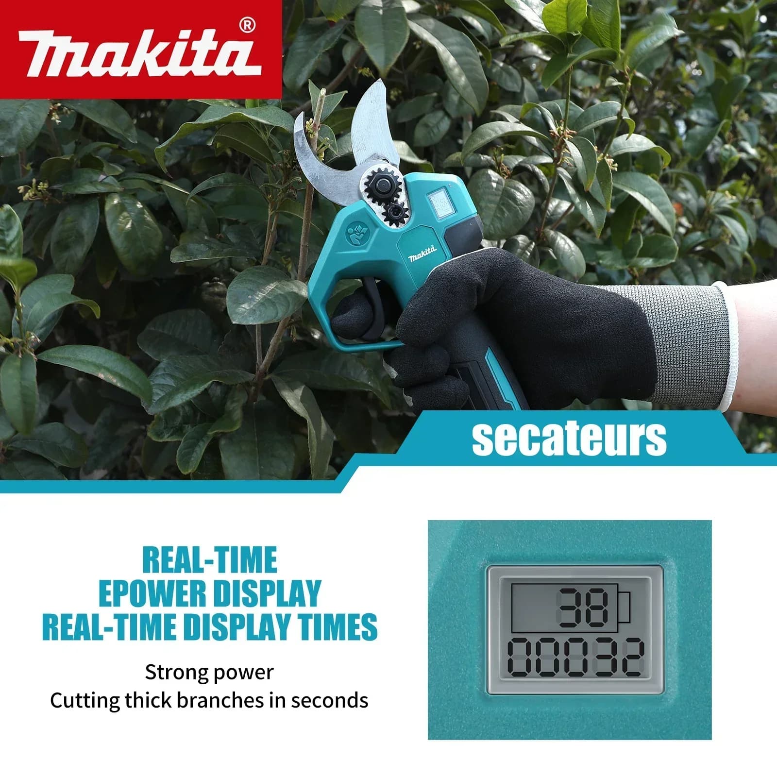 Forbici da potatura Makita senza spazzole con display LED che mostra il livello della batteria e il numero di tagli effettuati per attrezzi da giardinaggio