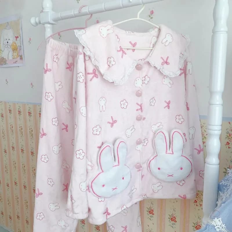 Set pigiama da donna in flanella Kawaii Miffy - Comodo pigiama invernale da coniglio cartone animato Sweetheart Girly Loungewear con tasche in peluche