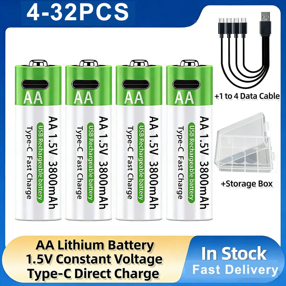 LIKEKALA Li-ion AA Rechargeable Batteries USB Lithium-ion 3800mAh 1.5V AA Rechargeable Batteries+ Data Cable and Storage Box
