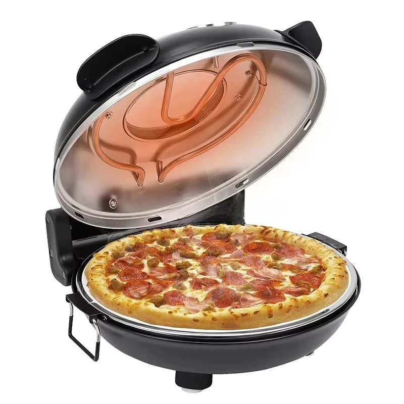 Electric pizza oven with ceramic stone viewing window, adjustable heating control timer and 1200 watts of baking power