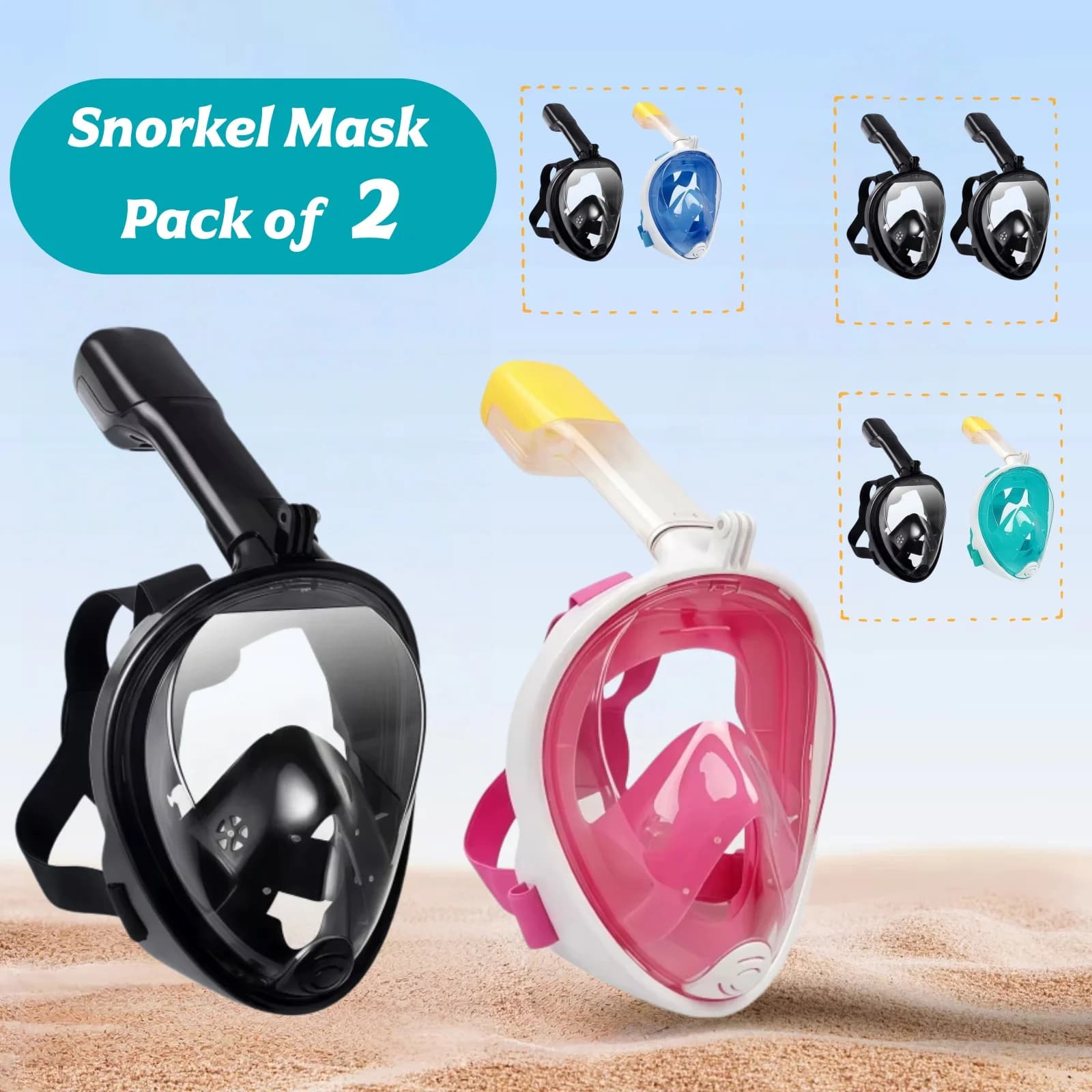 Set di 2 Maschere Subacquee Integrali per Snorkeling e Immersioni, Maschere Respiratorie Antiappannamento Sicure per Bambini e Adulti