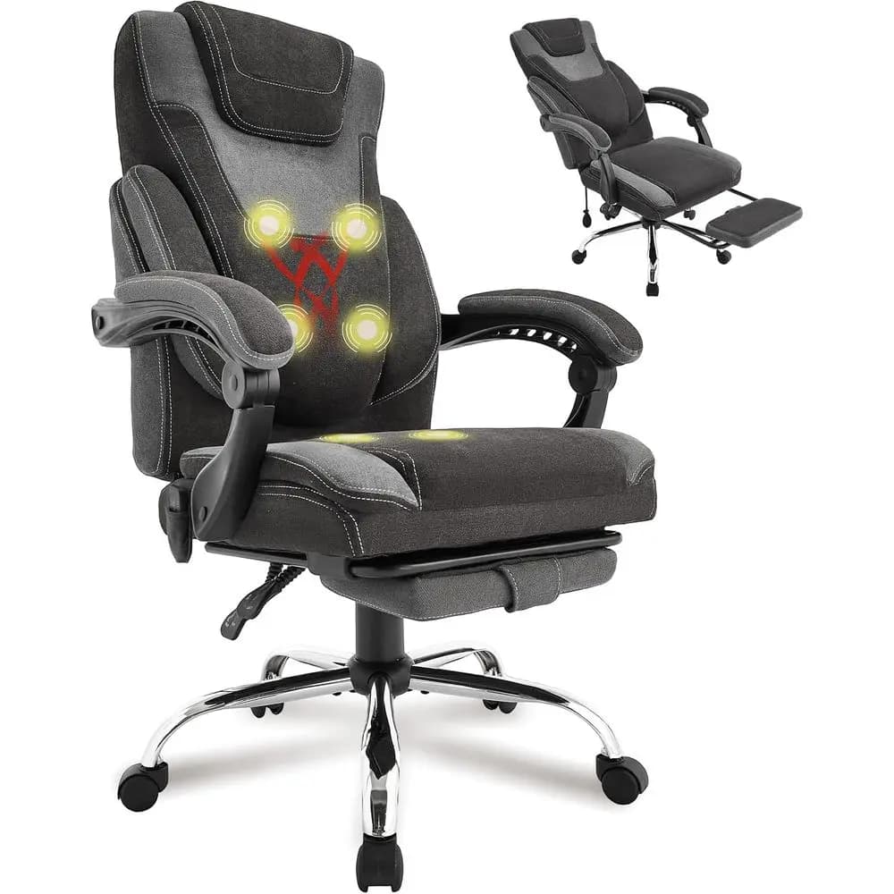 Sedia da Ufficio Ergonomica Reclinabile con Poggiapiedi, Vibrazione e Riscaldamento, per Persone Alte e Robuste, Cuscino Spesso, Nero/Grigio