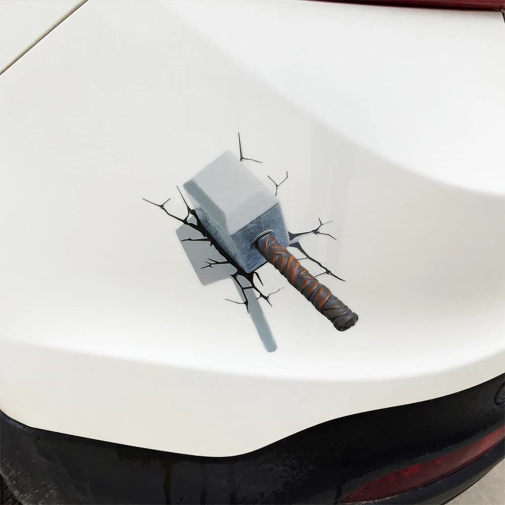 Eye-Catching 3D Crack Hammer Car Stickers for All-Terrain Vehicles Bumper Door Cover Scratches Scooter Body Waterproof Decals