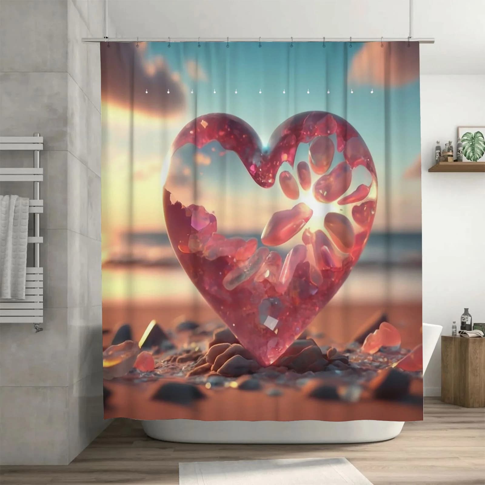 Tenda da doccia a forma di cuore in cristallo 3D | Decorazione da bagno romantica e ispirata alla spiaggia