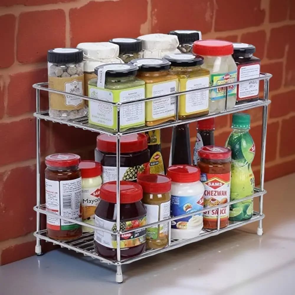 Portaspezie a Doppio Livello in Acciaio Inox - Organizzatore da Cucina per Bottiglie, Salse e Barattoli - Soluzione Versatile per Dispensa e Bancone