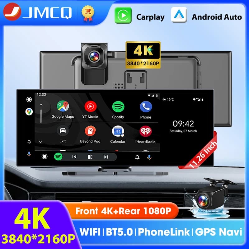 Video Recorder for Car Portable 11,26 Inch 4K with Carplay Wireless, Android Auto, GPS Navigation, Dashcam, BT5.0, Video Recorder for Dashboard, FM, AUX