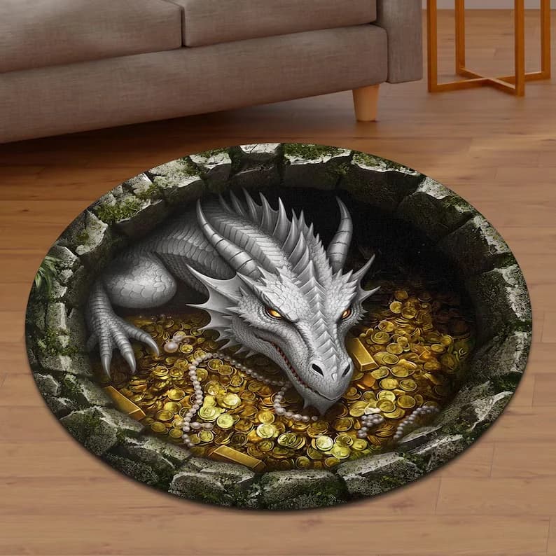 2D Round Carpet with Fantastic Dragon, Treasure Theme, Home Decoration, Soft Anti-slip Mat with Gold Coins, Pearls and Gems, Dark Dragon