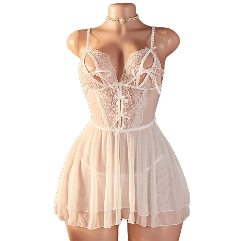 Transparent Sexy Woman Lingerie Deep V White Lace Backless Sleeping Dress Set Open Bow Bra Erotic Nightgown Costumes