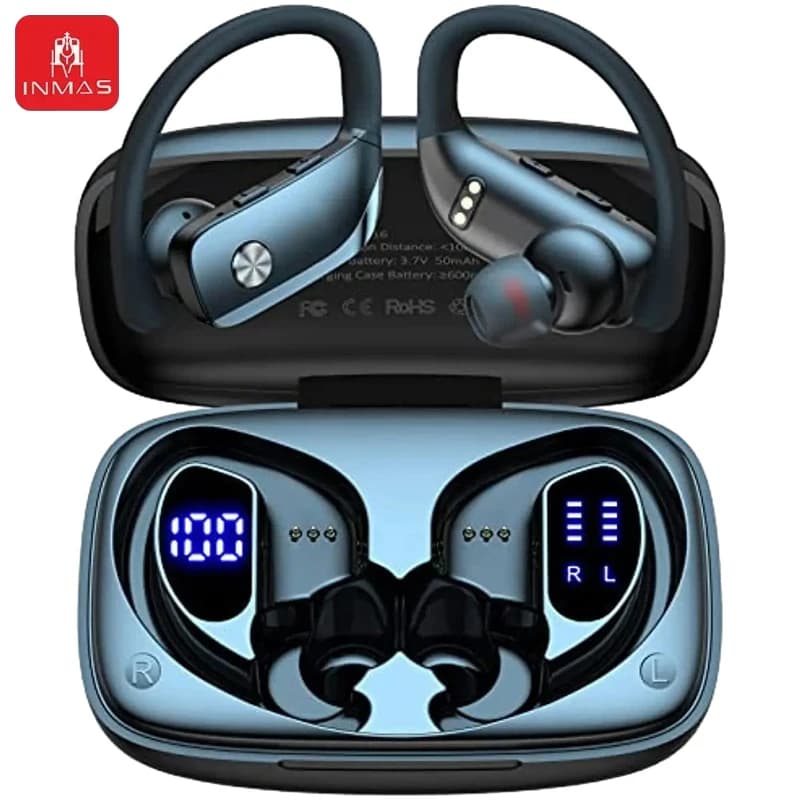 INMAS Cuffie wireless T16 Auricolari Bluetooth con gancio per l'orecchio Auricolari con display digitale a LED Auricolari impermeabili per giochi sportivi